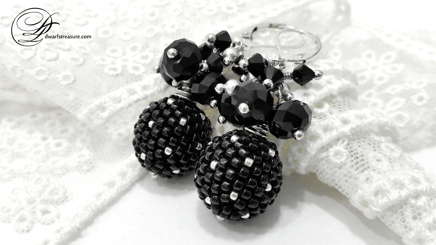 Polka dot black and silver earrings with Swarovski crystals on lace