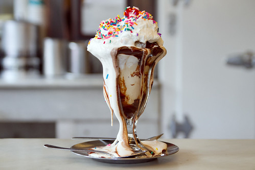 Two-scoop sundae with mashmallow goo and fudge