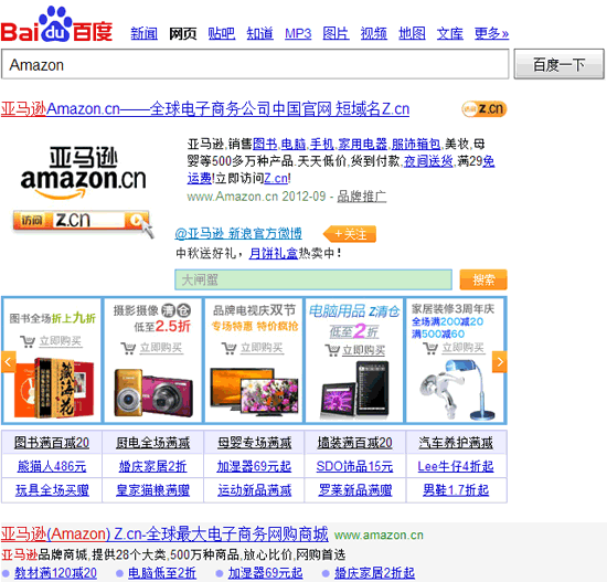 Amazon SERP on Baidu