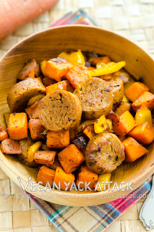 A warm and crispy sweet potato hash combined with subtly hot chipotle seitan sausage makes for a delightful breakfast.