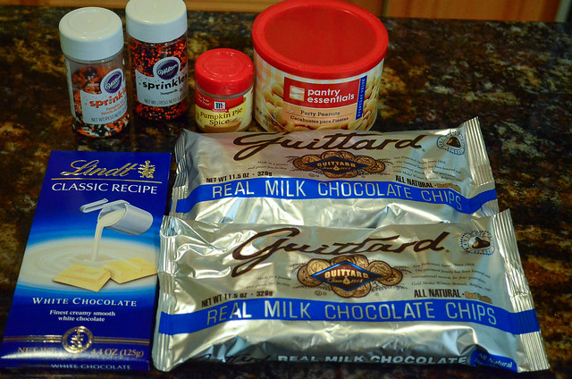 All the ingredients required to make Pumpkin Spice Chocolate Bark.