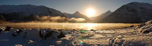 sky panorama sun snow ice alaska frozen hoarfrost ak freezing below portageglacier portagelake