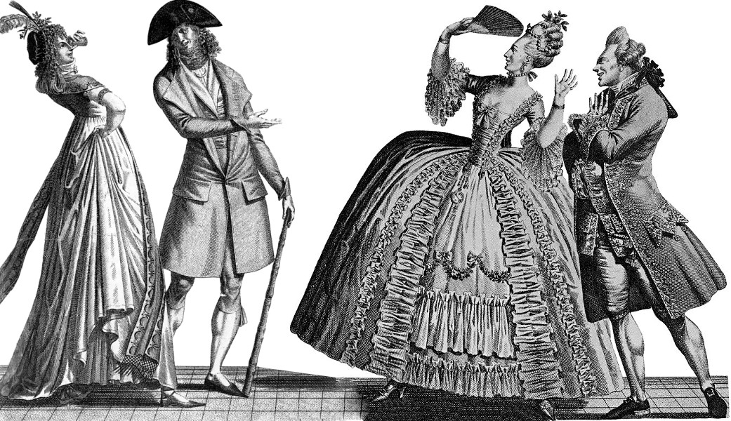 French cartoon showing contrats between fashions of 1793 on the left and those of 1778 on the right