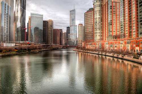 city morning urban chicago reflection art water architecture photoshop sunrise buildings river dawn nikon midwest colorful downtown day cloudy searstower il explore trumptower chicagoriver hdr vividcolors chicagoil windycity d90 cloudymorning explored nikond90 bryanjaronik