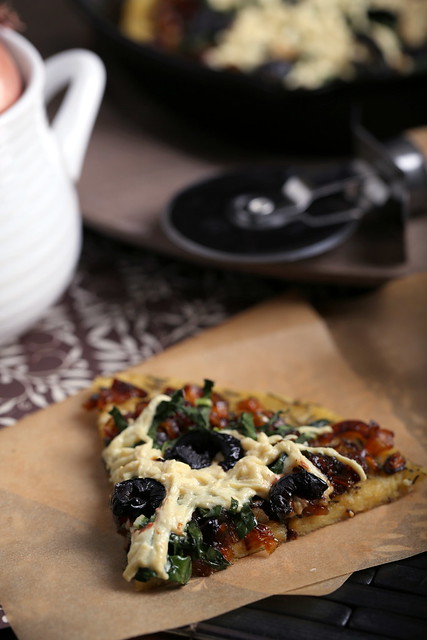 Socca Pizza Crust with Caramelized Shallots and Kale