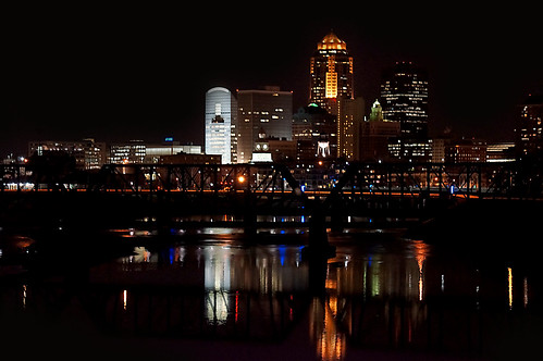 city bridge reflection skyline night lights view desmoines