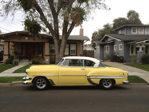 auto street city urban classic chevrolet beauty yellow yard vintage landscape lemon afternoon view cloudy air overcast 1954 neighborhood sidewalk chevy hotwheels parked bel stockton coupe twotone