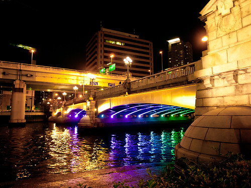 bridge light reflection building japan architecture night river lumix landscapes osaka nightview gf2