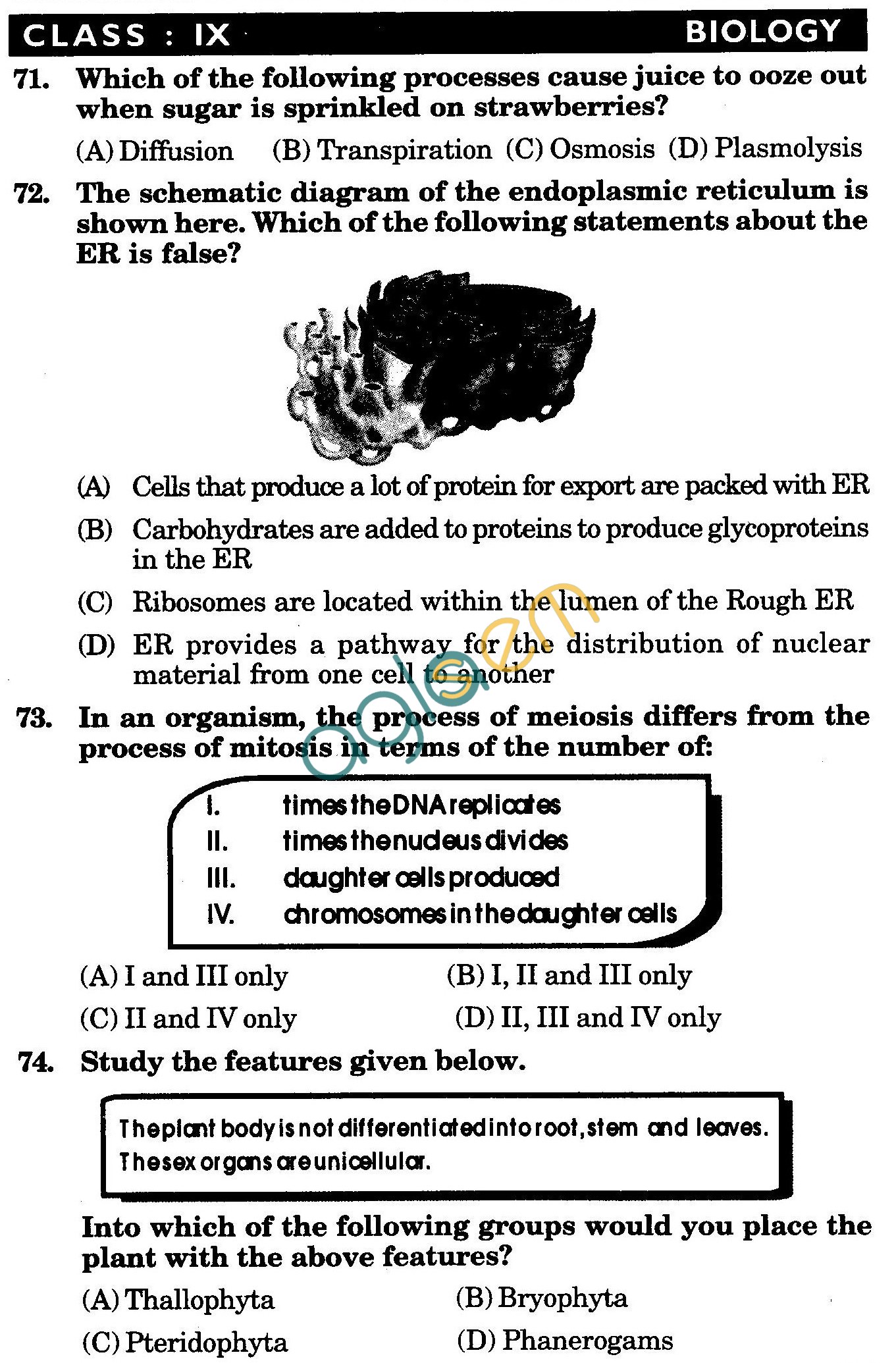 NSTSE 2010: Class IX Question Paper with Answers - Biology