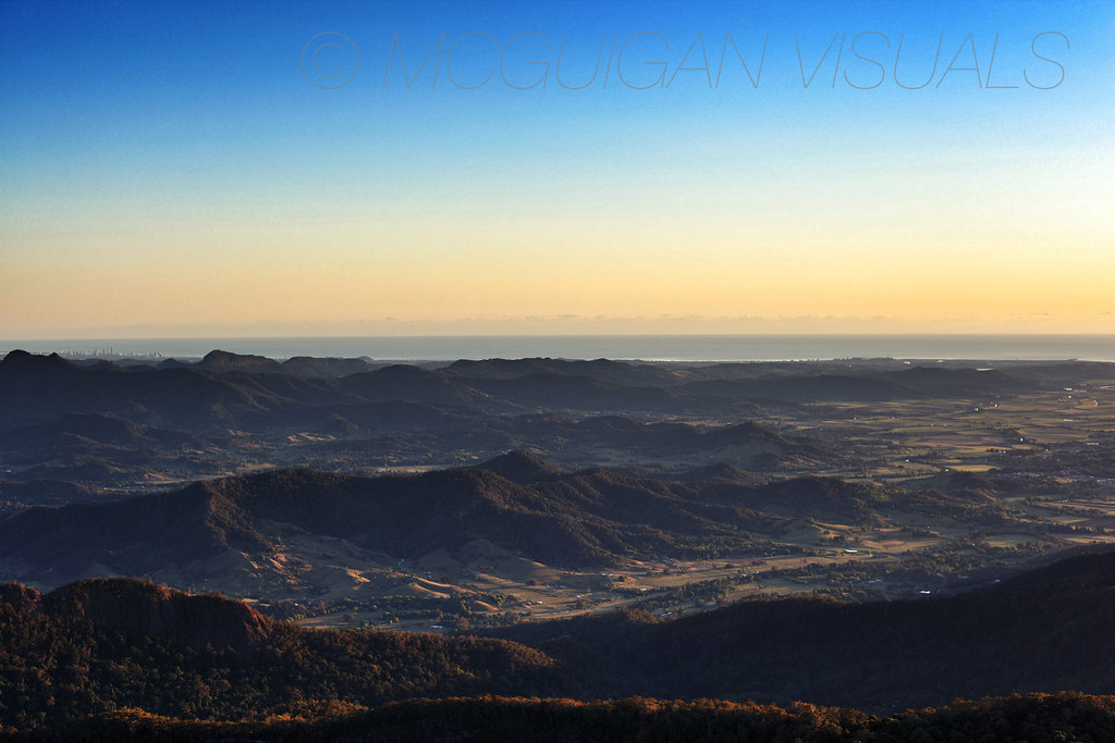 On top of Mt Warning in NSW Australia looking north to surfers paradise on the gold coast