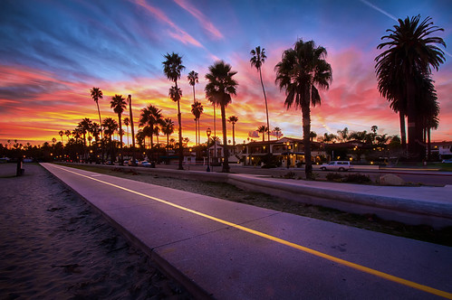 pink blue sunset red colors bikepath santabarbara clouds stripe palmtrees hdr cabrillo purpleyellow sigma1020 hdrextremes breachfront hdraddicted canon7d