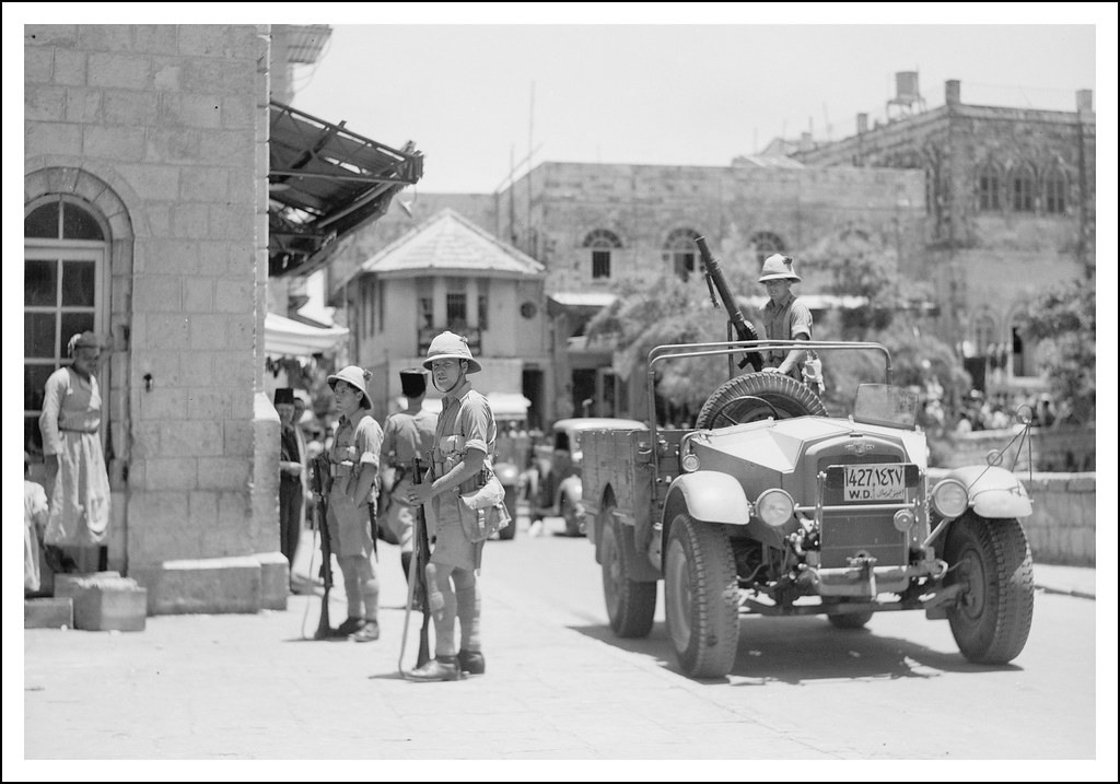 British soldiers (  2nd Battalion Black Watch Regiment    ? )  & Morris Commercial vehicle in Julian Way, at Jaffa Gate July 13, 1938