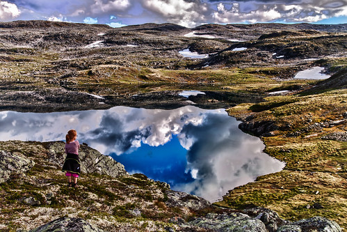 lake mountains reflection norway landscape hiking hdr dnt tyin turistforeningen slettningsbu skarvheimen