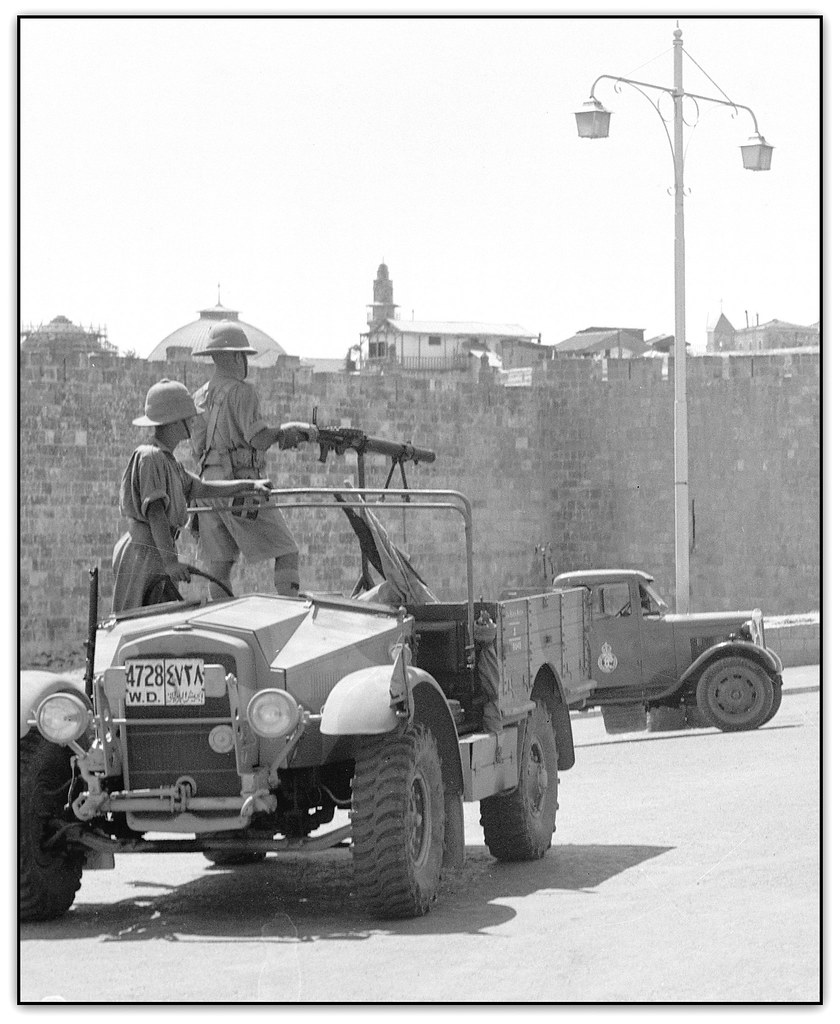 British Army soldiers and Morris Commercial vehicle near the Damascus Gate in Jerusalem, Palestine - circa Sept. 9, '38.