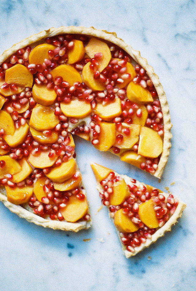 lebni tart with persimmon and pomegranate