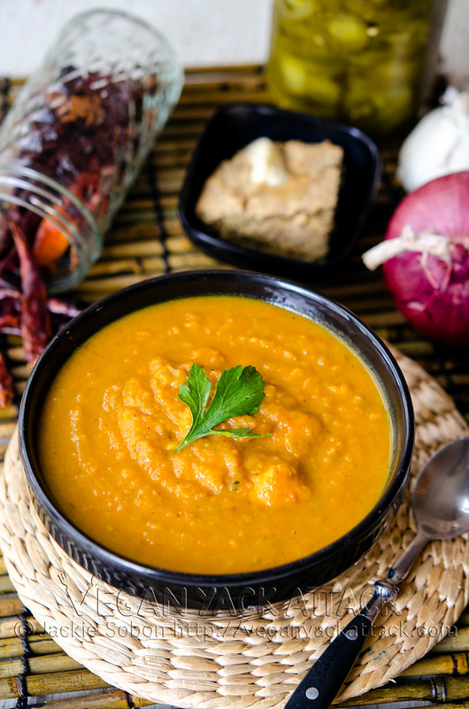 Smoky Sweet Potato Soup, slightly spicy-filled with sweet potatoes, carrots and red onion. Paired with jalapeño cornbread, it’s the perfect meal!