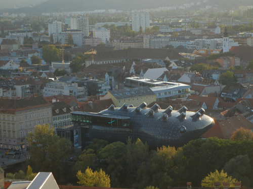 DSCN8995 _ View of Kunsthaus, Graz from Schloßberg, Graz, 8 October