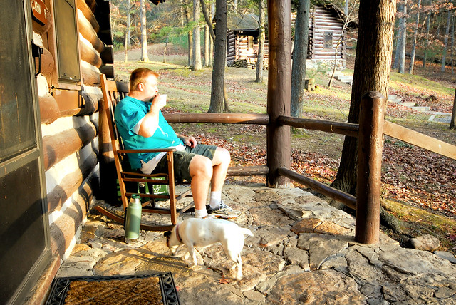 Having coffee with Dad on the porch at Cabin 8 at Douthat State Park 