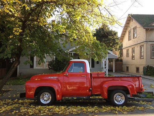 street city winter red tree fall classic ford home apple beauty leaves yard truck vintage cherry landscape fire living afternoon ride scenic pickup 1954 f100 front neighborhood chrome hotwheels americana parked roadside rims stockton bungalow workhorse allamerican