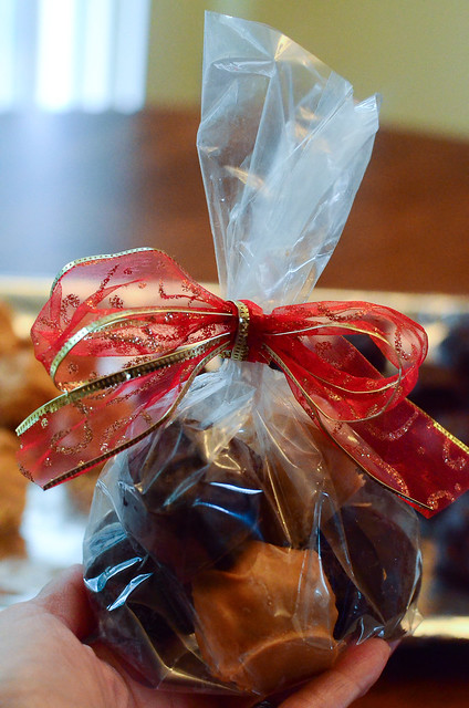 A close up of the gift wrapped Peanut Butter Bon Bons.