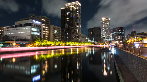 bridge light reflection building japan architecture night river lumix landscapes osaka nightview lx7