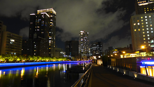 blue light reflection building japan architecture night lumix landscapes osaka nightview lx7