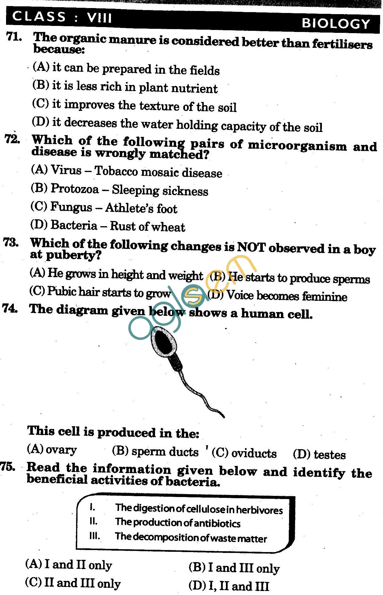 NSTSE 2010: Class VIII Question Paper with Answers - Biology