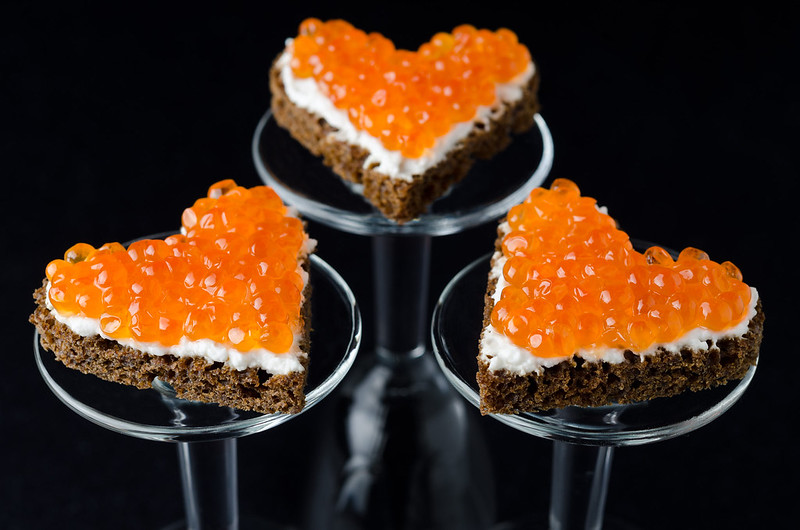 canape with red caviar for Valentine's Day