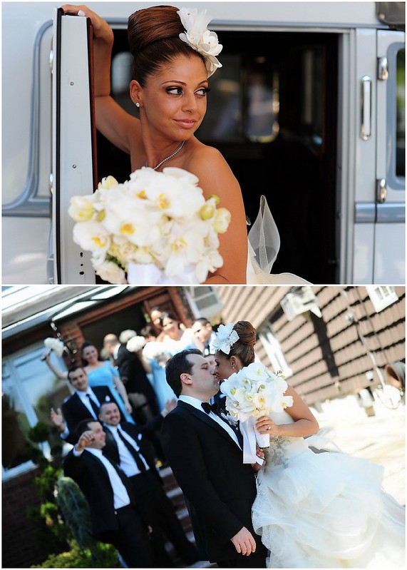 white orchid wedding bouquet, bridal top knot, bridal bun, silk bridal hair flowers