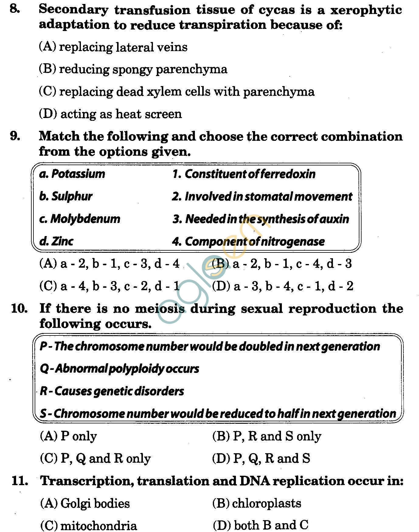 NSTSE 2009 Class XI PCB Question Paper with Answers - Biology