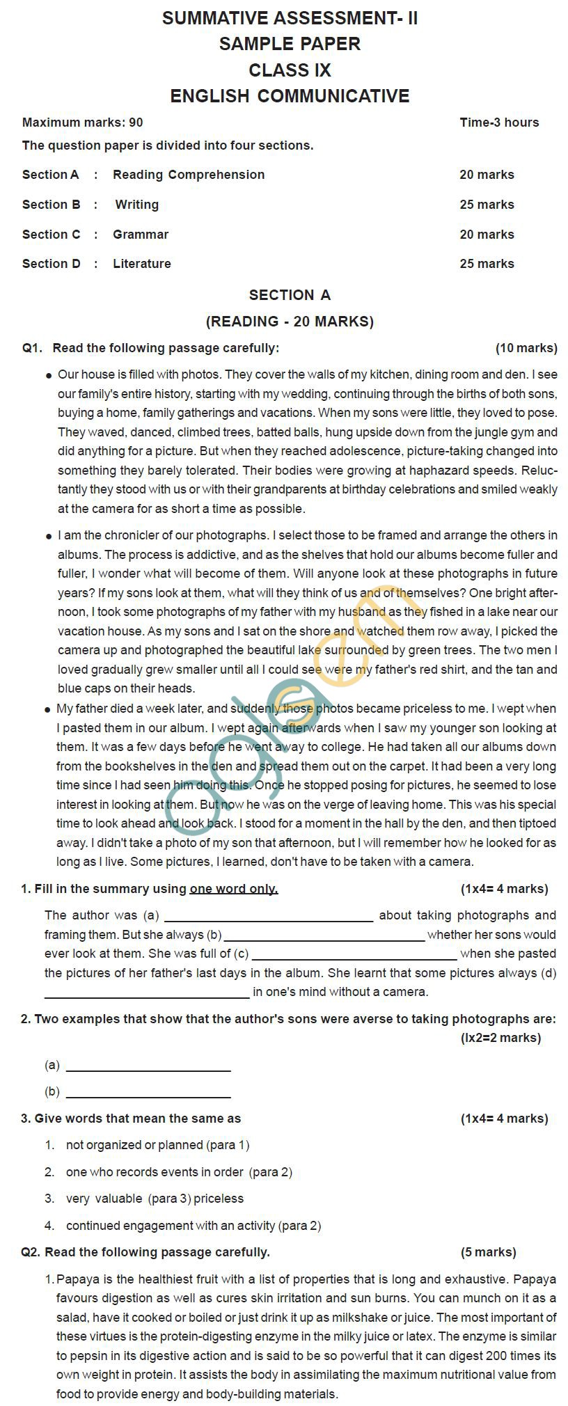 CBSE Sample Papers for Class 9 SA2 - English Communicative