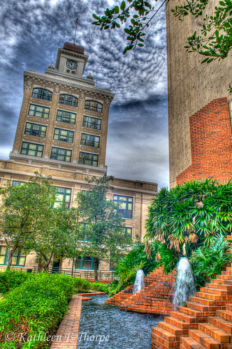 trees windows water architecture reflections waterfall downtown landscaping cityhall bricks hdr tampaflorida