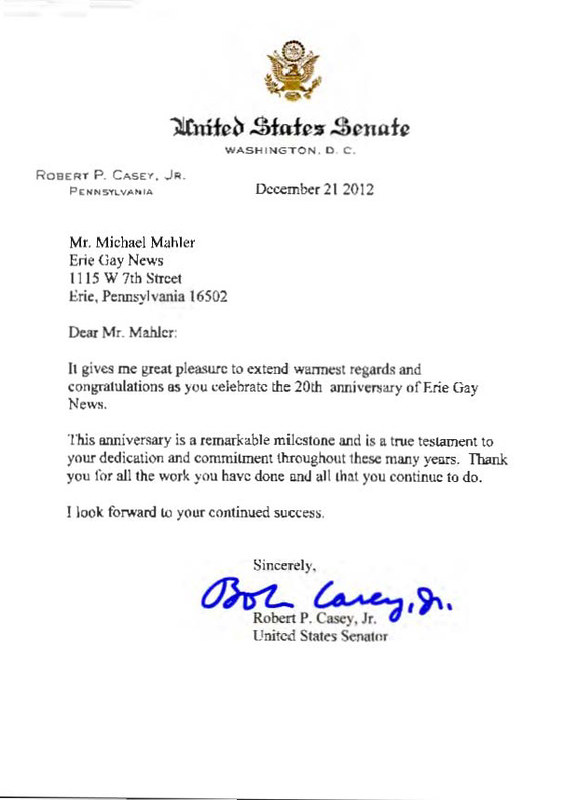 2012-12-30 EGN anniversary letter from Sen Bob Casey