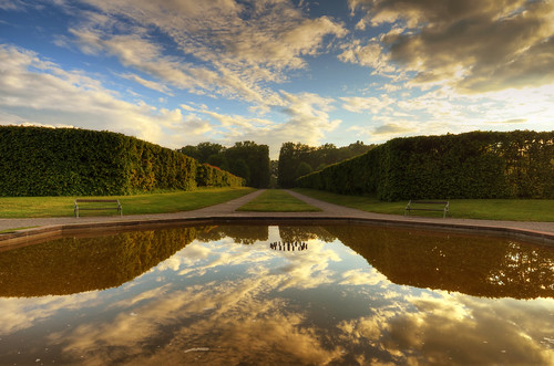 water fountain grass clouds reflections garden landscape sweden stockholm path lawn surface symmetry well hedge sverige baroque benches hdr gravel waterscape drottningholm lovön