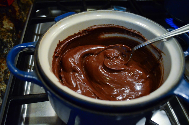 Semi sweet baking chocolate being melted in a pot.