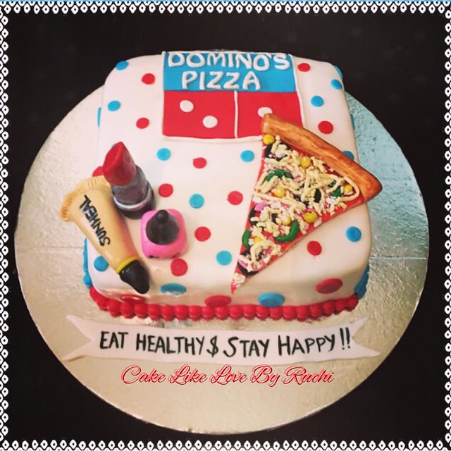 Domino's Pizza Cake for a girl who loves pizza's and cosmetics in devils chocolate flavour by CAKE Like LOVE. By Ruchi