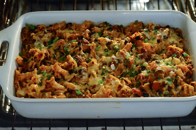 The taco pasta after it has finished baking.