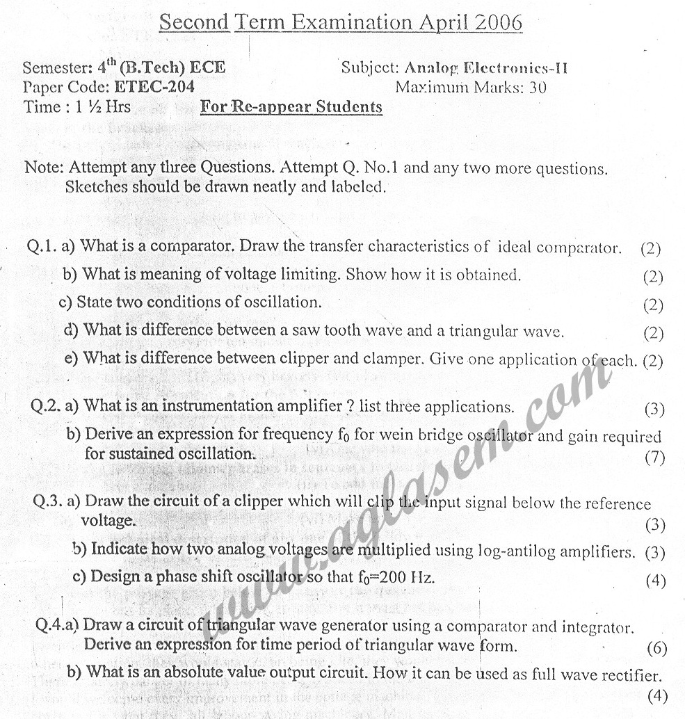 GGSIPU Question Papers Fourth Semester – Second Term 2006 – ETEC-204