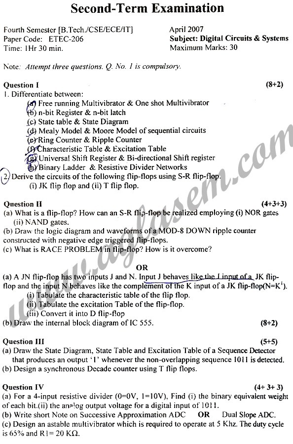 GGSIPU Question Papers Fourth Semester – Second Term 2007 – ETEC-206