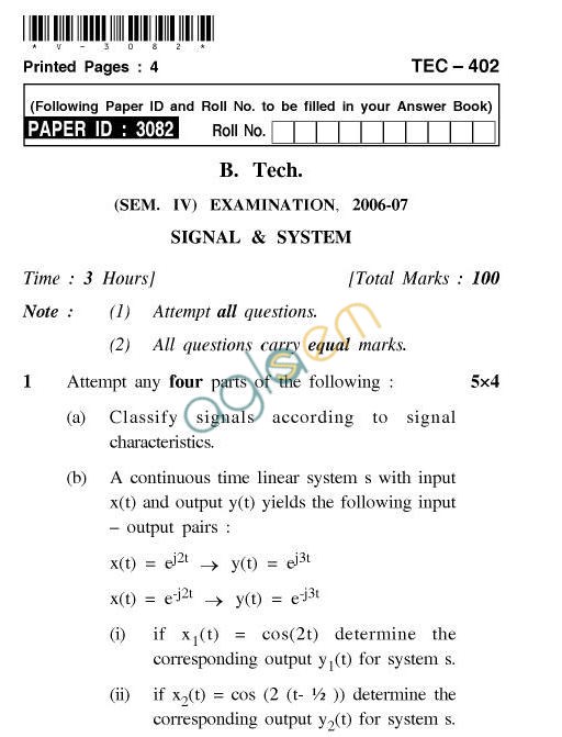 UPTU B.Tech Question Papers - TEC-402-Signals and Systems