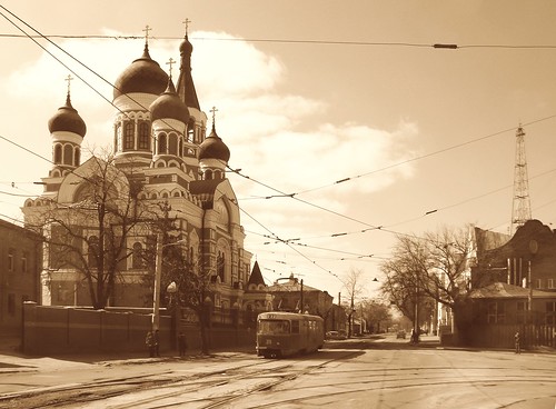 city urban church sepia tram ukraine kharkov tramway ussr kharkiv orthodoxy orthodoxal