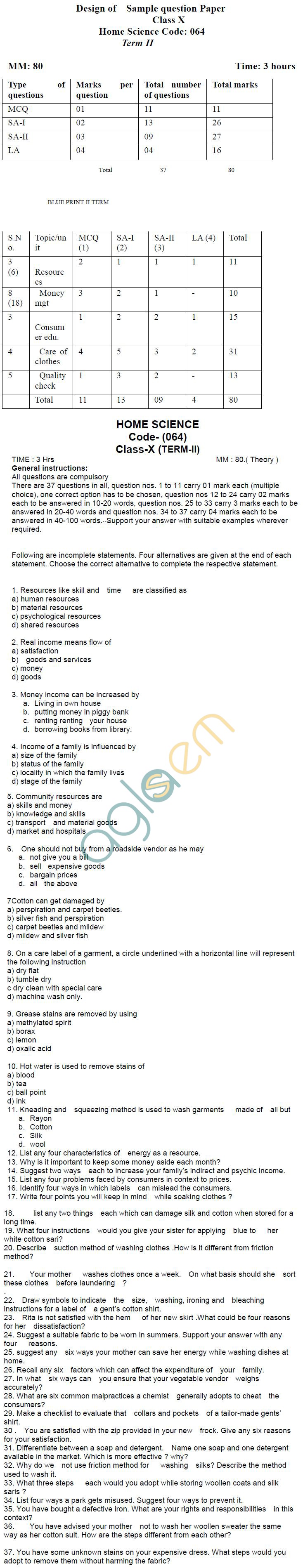 CBSE Class X Sample Papers 2013 (Second Term) Home Science