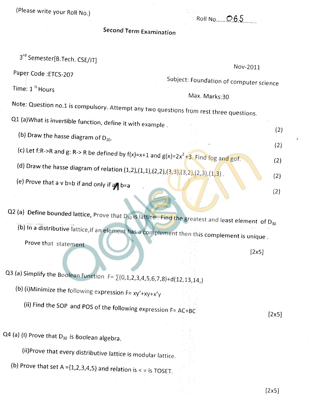 GGSIPU Question Papers Third Semester  Second Term 2011  ETCS-207