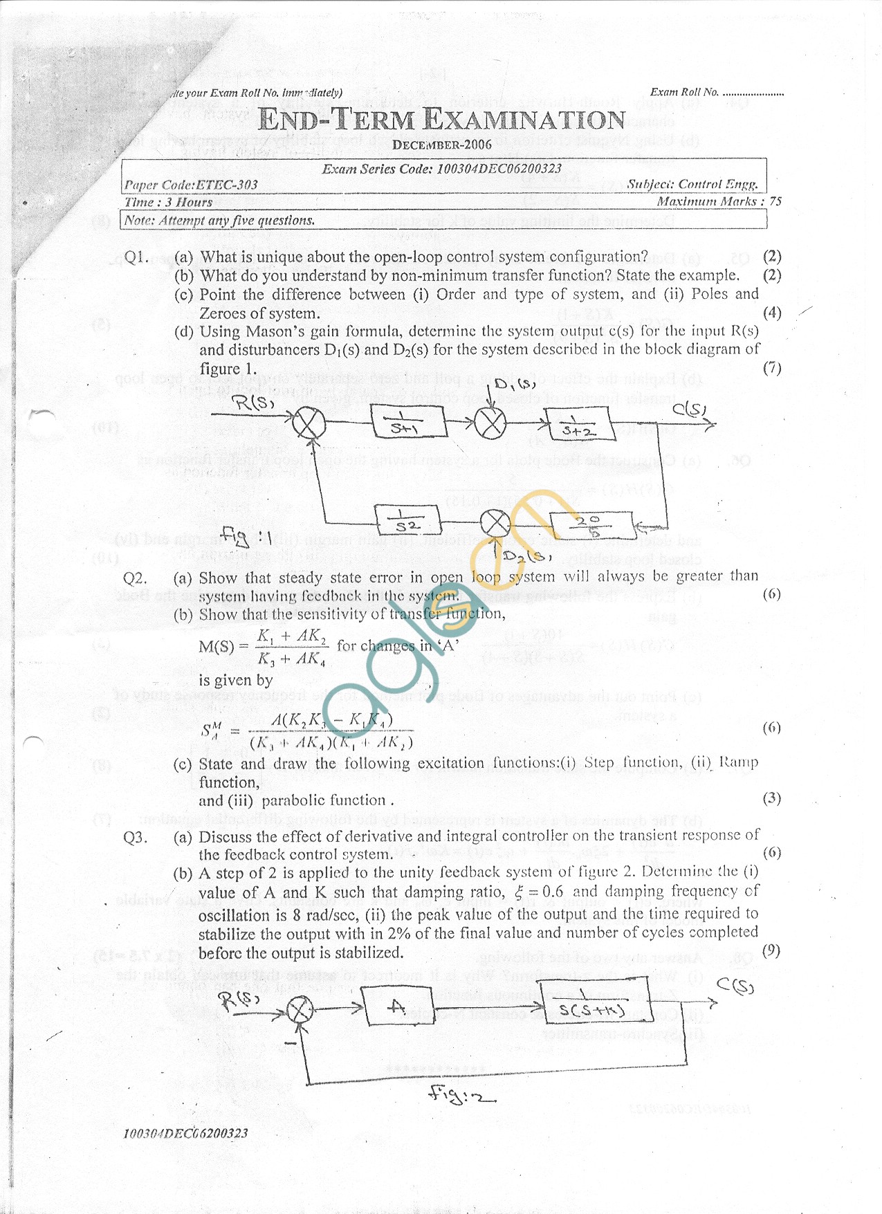 GGSIPU Question Papers Fifth Semester – end Term 2006 – ETEC-303