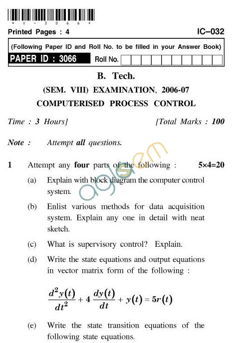 UPTU B.Tech Question Papers - IC-032-Computerised Process Control