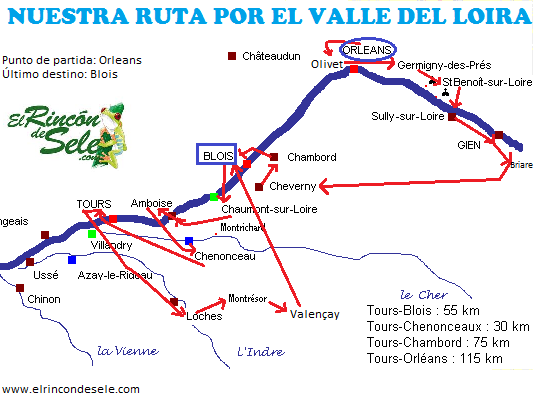 Mapa de la ruta por el Valle del Loira (castillos y ciudades del Loira)