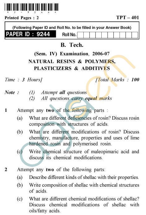 UPTU B.Tech Question Papers - TPT-401 - Natural Resins & Polymers, Plasticizers Additives