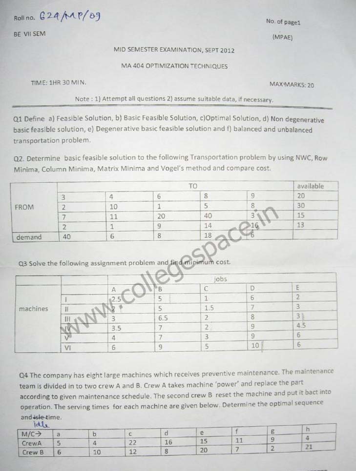 NSIT Question Papers 2012 – 7 Semester - Mid Sem - MA-404