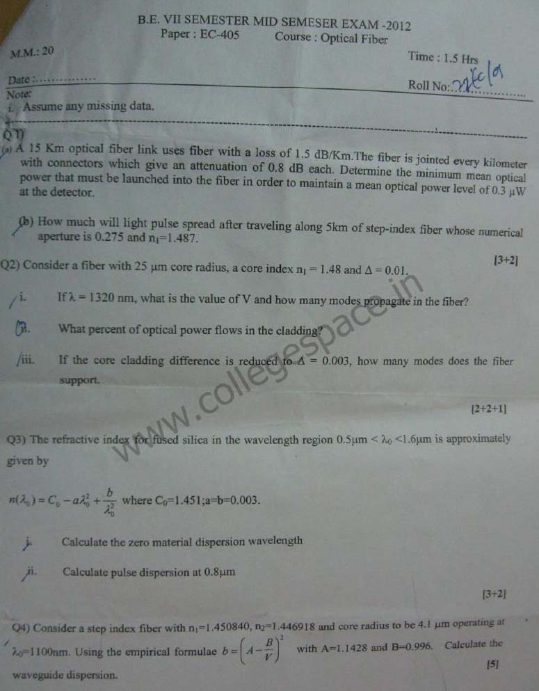 NSIT Question Papers 2012 – 7 Semester - Mid Sem - EC-405