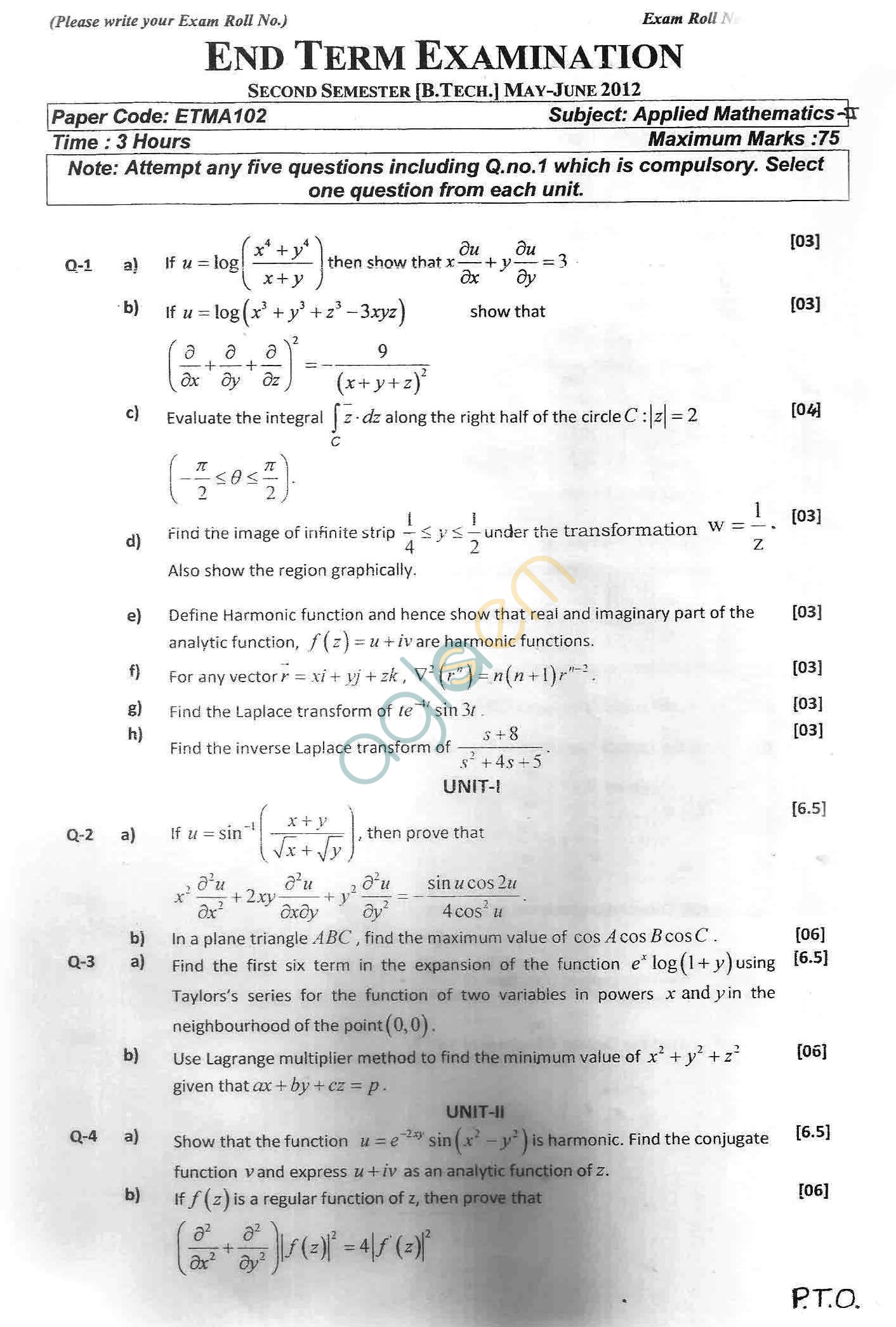 GGSIPU Question Papers Second Semester – end Term 2012 – ETMA-102